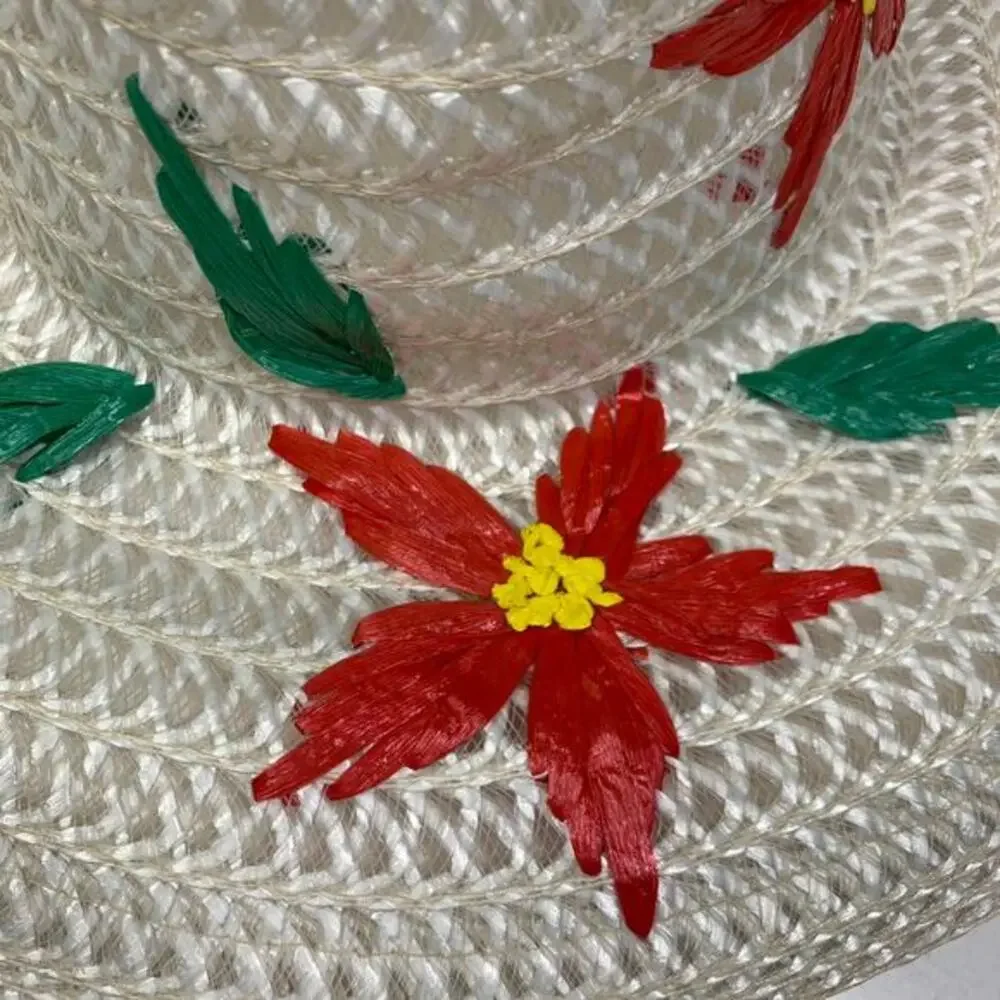 PARIS ACCESSORIES‎ Hat Vintage Floral Straw Wide Brim Beach Sun White Retro